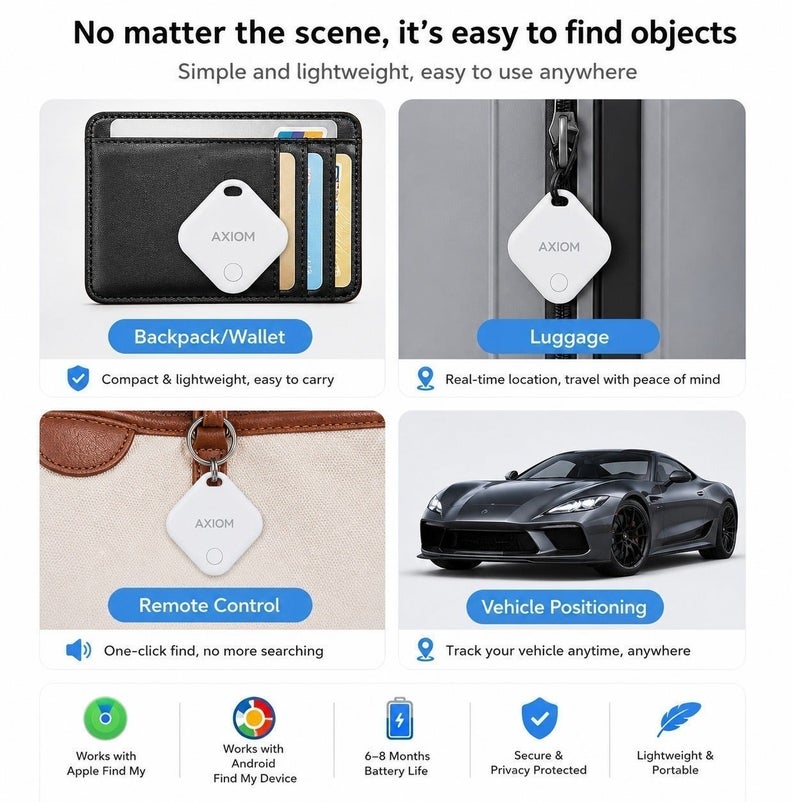 AXIOM GPS Smart Tag for Apple Find My – Bluetooth Item Tracker for Keys, Wallet, Luggage, Bags & Personal Belongings | Real-Time Location Tracking | Lost Item Finder | iPhone, iPad & Mac Compatible - Image 4