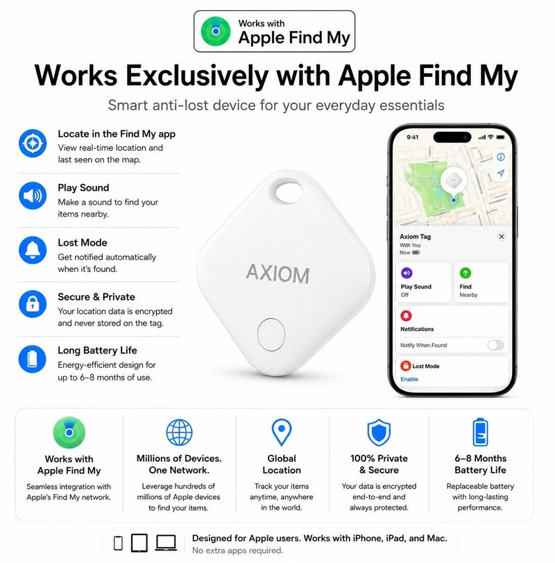 AXIOM GPS Smart Tag for Apple Find My – Bluetooth Item Tracker for Keys, Wallet, Luggage, Bags & Personal Belongings | Real-Time Location Tracking | Lost Item Finder | iPhone, iPad & Mac Compatible - Image 1