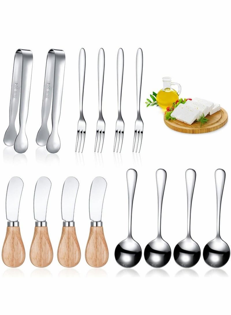 Cheese Butter Spreader Knives Set Stainless Steel Cheese Slicer Butter Spreader Knives with Wooden Handles Mini Serving Tongs Spoons and Forks for Butter, Cheese and Pastry Making (Silver,14 Pieces)  - Image 1