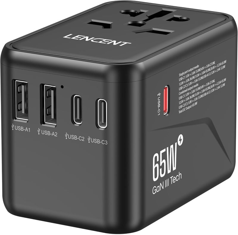 Lencent محول السفر العالمي LENCENT، شاحن دولي GaN III بقوة 65 واط مع 2 منفذ USB و 3 منافذ USB-C PD للشحن السريع - Image 1