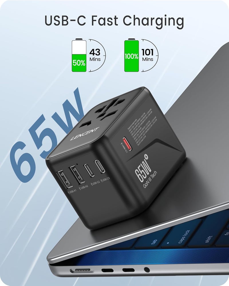 Lencent محول السفر العالمي LENCENT، شاحن دولي GaN III بقوة 65 واط مع 2 منفذ USB و 3 منافذ USB-C PD للشحن السريع - Image 3