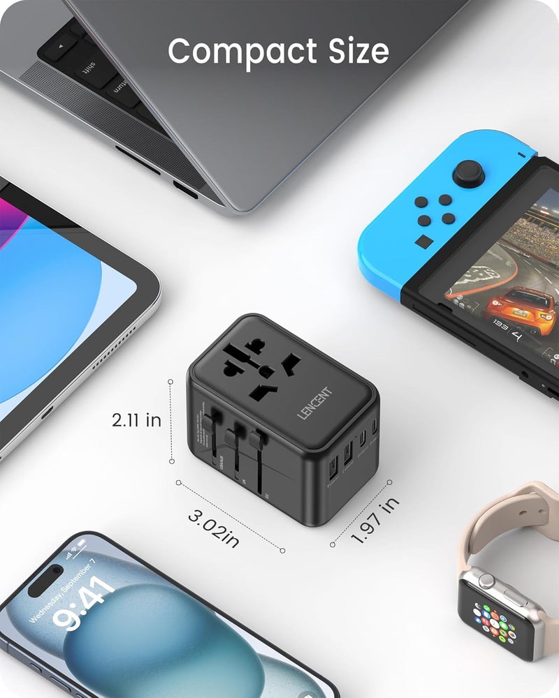 Lencent محول السفر العالمي LENCENT، شاحن دولي GaN III بقوة 65 واط مع 2 منفذ USB و 3 منافذ USB-C PD للشحن السريع - Image 4