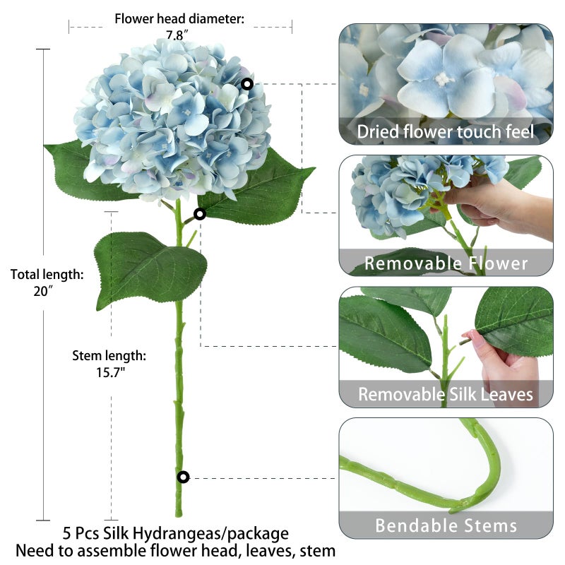 ZYTUYO 5 Pcs Light Blue Silk Hydrangeas Artificial Flower Boho 20'' Faux Hydrangeas for Spring Home Decor Kitchen Living Room Porch Wreath Indoor Outdoor Wedding Flower Arrangement - Image 4