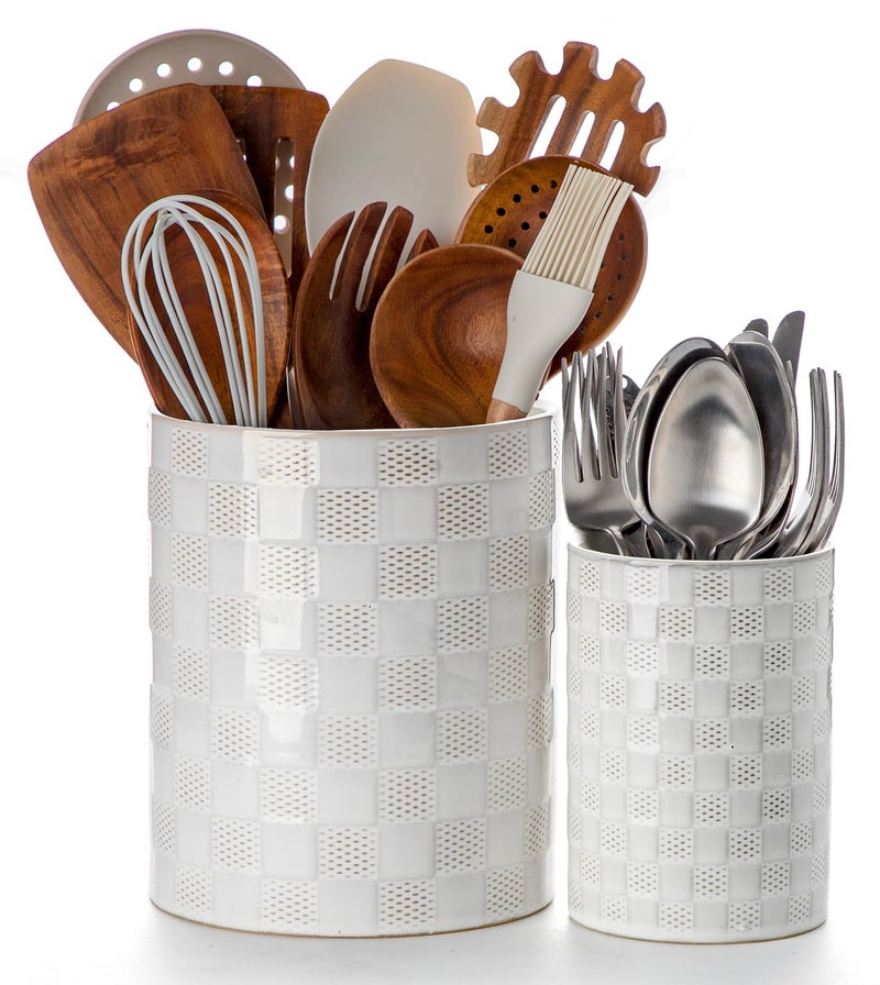 Nucookery Utensil Holder, Extra Large Ceramic Utensil Crock for Kitchen Counter, Stable Spatula & Flatware Organizer, Farmhouse Embossed Kitchen Decor, Set of 2 (Checkered) - Image 1