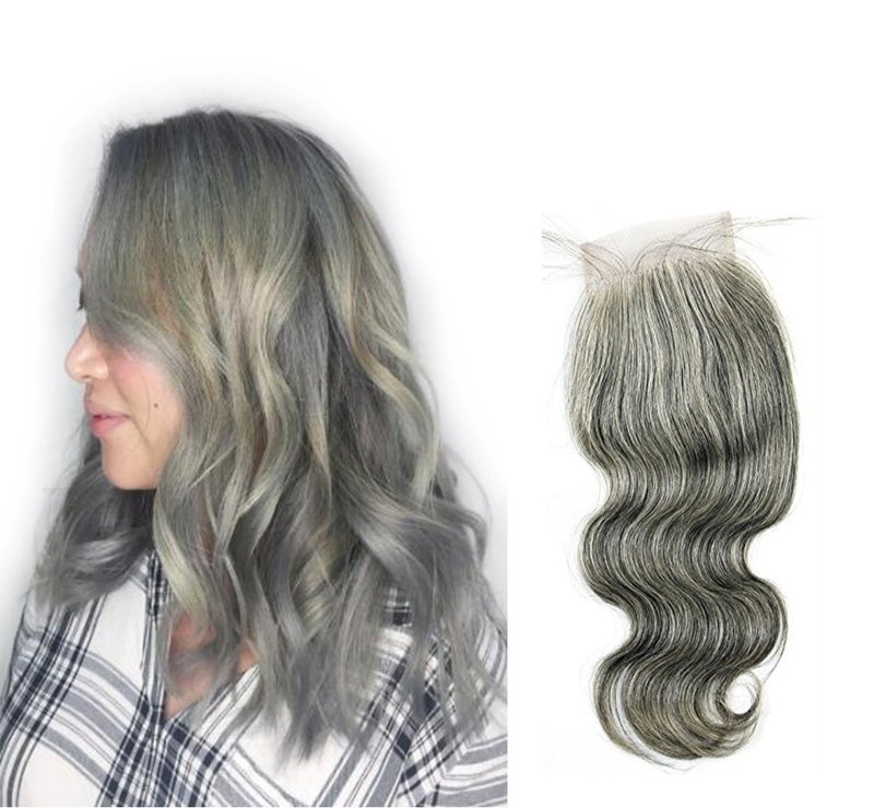 Hair 100 Raw Virgin Malaysian Human Hair Body Wave style Grey Color Free Part Bleached Knots 35grampc 4X4 Lace Closure12inchGrey