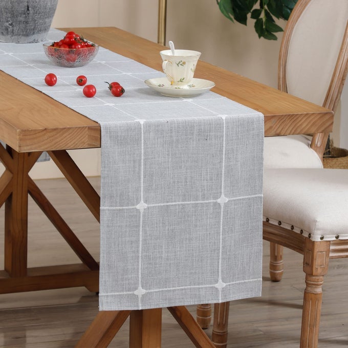 EMBROIDERED CLOTH TABLE RUNNER RUSTIC PLAID FARMHOUSE TABLE RUNNERS CHECKERED RECTANGLE RUNNER FOR DINNING DRESSER COFFEE PARTY HOLIDAY TABLE DECOR GREY 13 X 72 INCH