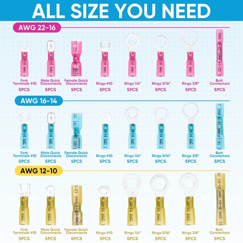 TICONN 120Pcs Heat Shrink Wire Connectors, Waterproof Automotive Marine Electrical Terminals Kit, Crimp Connector Assortment, Ring Fork Spade Butt Splices - Image 2