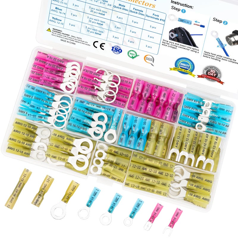 TICONN 120Pcs Heat Shrink Wire Connectors, Waterproof Automotive Marine Electrical Terminals Kit, Crimp Connector Assortment, Ring Fork Spade Butt Splices - Image 1