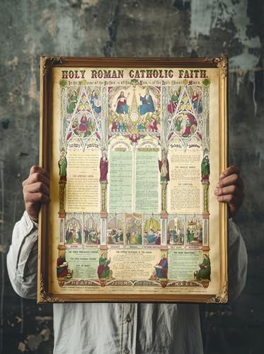 ArtCantHurtU 16x20 Unframed 1870 Holy Roman Catholic Wall Art Christian Home Decor Includes Verses Prayers The Ten Commandments Vintage Poster For Bible Study Classroom Made In The USA - Image 1