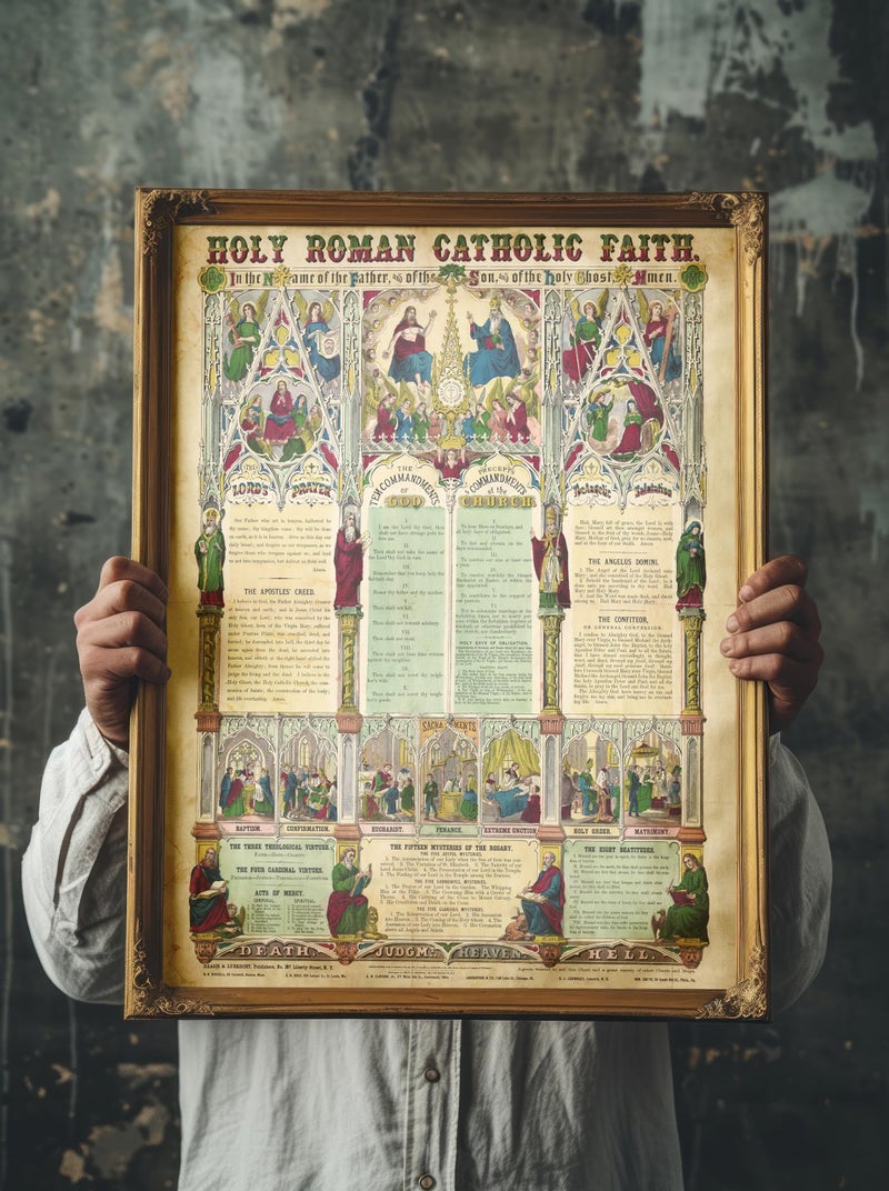 ArtCantHurtU 16x20 Unframed 1870 Holy Roman Catholic Wall Art Christian Home Decor Includes Verses Prayers The Ten Commandments Vintage Poster For Bible Study Classroom Made In The USA - Image 2