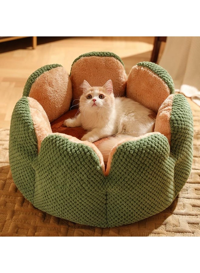 CATS DUBAI Plush Pet Bed for Cats & Small Dogs – Flower-Shaped Cat Sofa | Cozy Round Pet Nest with Green & Brown Knitted Design | Washable, Anti-Slip Base, Ideal for Kittens & Puppies size SMALL - Image 1