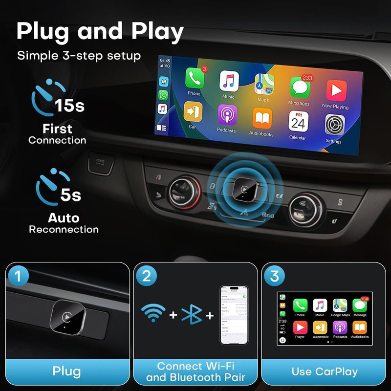 Taiker 2025 Upgraded Wireless Carplay Adapter - Convert Wired to Wireless Carplay for iPhone iOS 10+ & Android Auto - Image 3