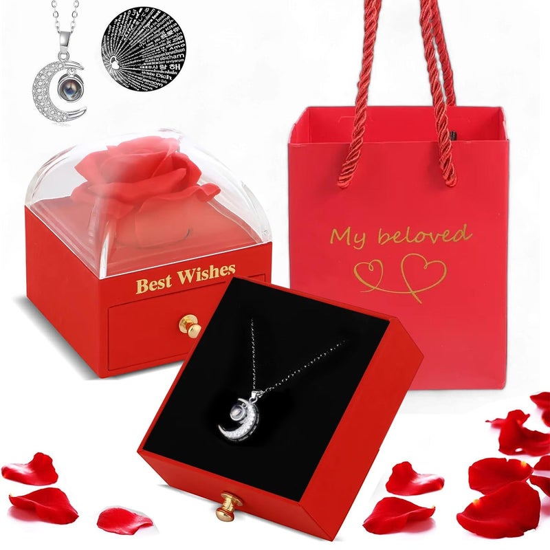 ascension Eternal Rose Gift Box with Moon Necklace Fresh Roses Box Gift for Girlfriend Boyfriend Newlyweds Rose Flower with Jewelry Storage Box Roses Gift for Valentines Day Birthday Anniversary - Image 1