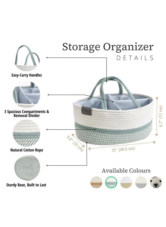 DECOMOMO Diaper Caddy Organizer, Premium Baby Gifts for Boys Girls New Mom, Diaper Change Organizer, Cotton Rope Baby Changing Basket (Spiral Green & White, Large) - Image 3