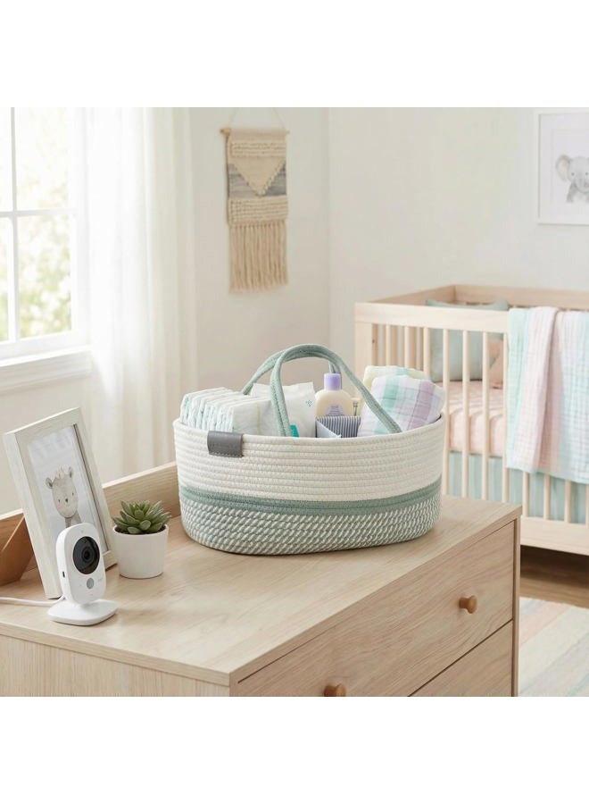 DECOMOMO Diaper Caddy Organizer, Premium Baby Gifts for Boys Girls New Mom, Diaper Change Organizer, Cotton Rope Baby Changing Basket (Spiral Green & White, Large) - Image 2