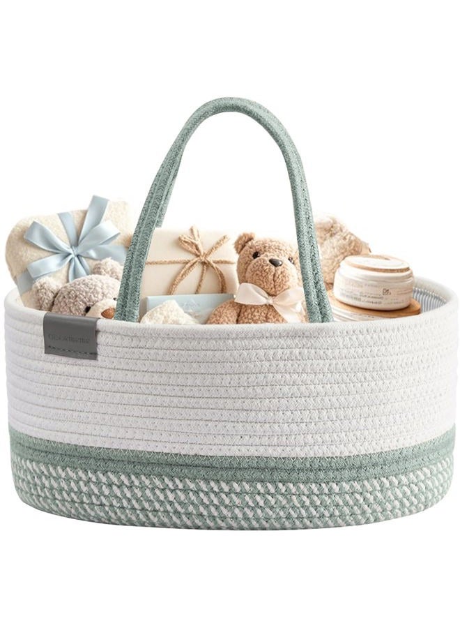DECOMOMO Diaper Caddy Organizer, Premium Baby Gifts for Boys Girls New Mom, Diaper Change Organizer, Cotton Rope Baby Changing Basket (Spiral Green & White, Large) - Image 1