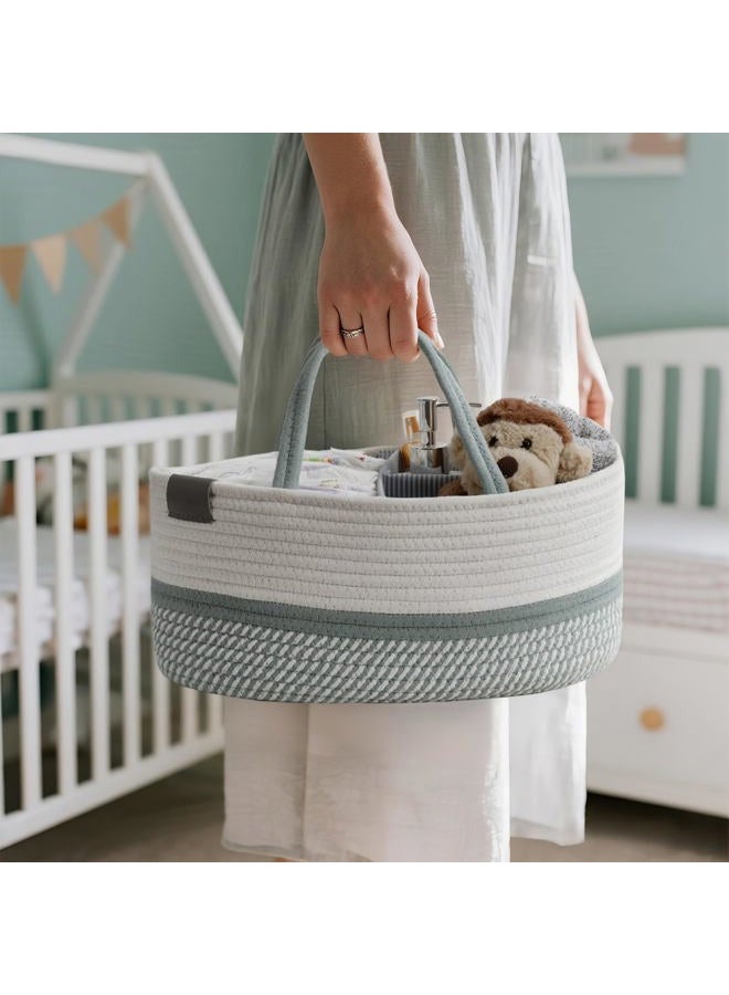 DECOMOMO Diaper Caddy Organizer, Premium Baby Gifts for Boys Girls New Mom, Diaper Change Organizer, Cotton Rope Baby Changing Basket (Spiral Green & White, Large) - Image 5