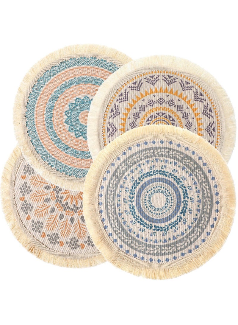 SOLARAE 4 قطع من الحصائر الدائرية، حصائر الطاولة، حصائر قطنية، حصائر قابلة للغسل من القماش المنسوج، حصائر دائرية مقاومة للحرارة بتصميم بوهيمي مع خيوط مزخرفة لتزيين المطبخ، تناول الطعام، الزفاف، المنزل الريفي، الديكور المنزلي - Image 1