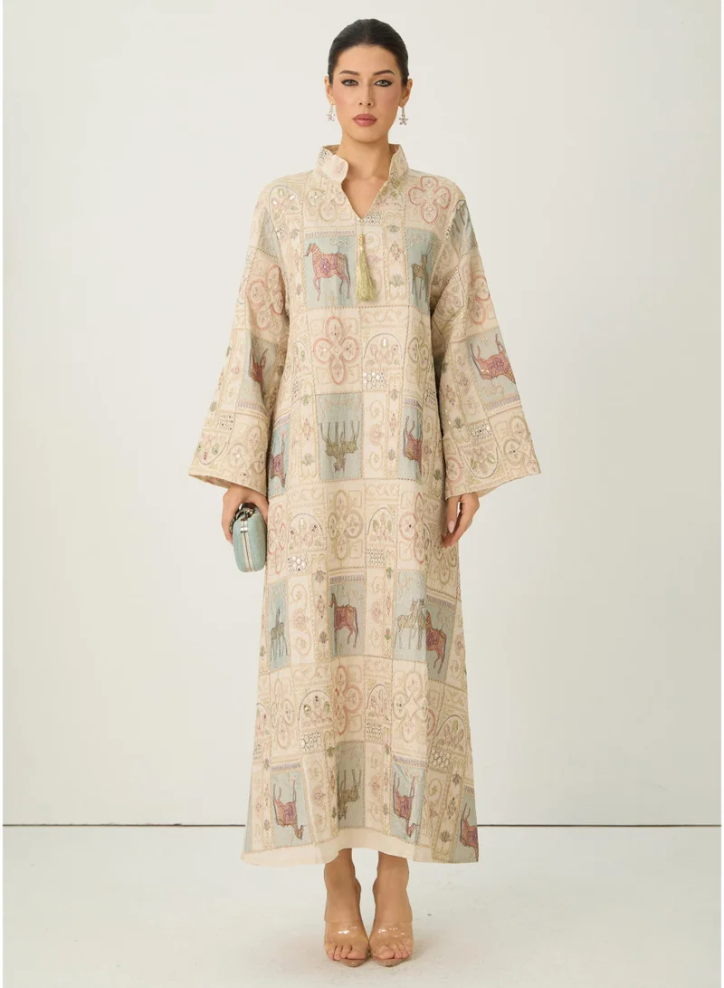 سنفير Refined Attitude Apricot Embroidered Animal Bell Sleeve Maxi Kaftan