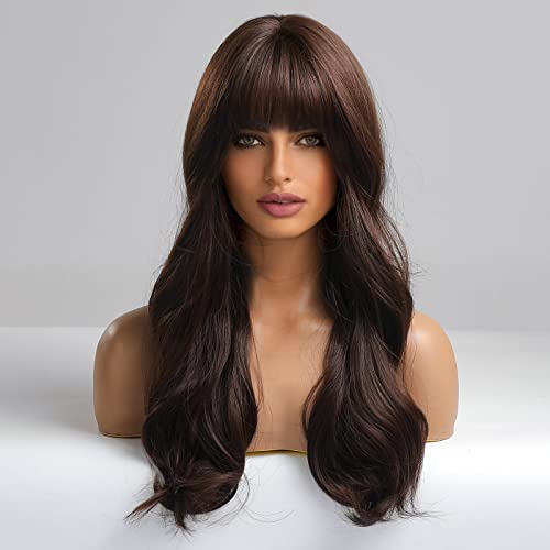 EMMOR Brown Wig with Bangs Long Body Wave Wig for Women Heat Resistant Synthetic Wigs Natural Looking - Image 5