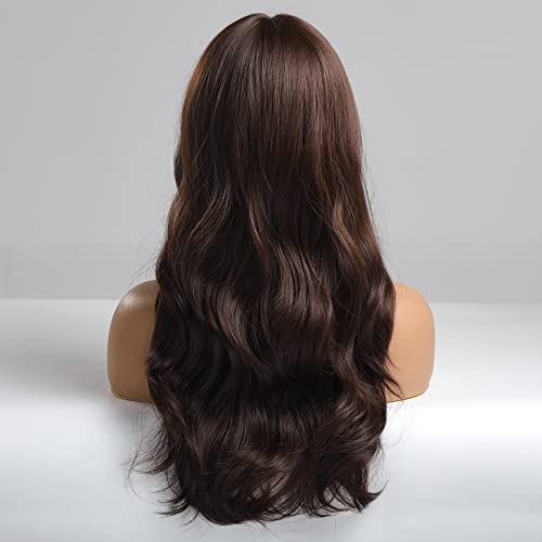 EMMOR Brown Wig with Bangs Long Body Wave Wig for Women Heat Resistant Synthetic Wigs Natural Looking - Image 4