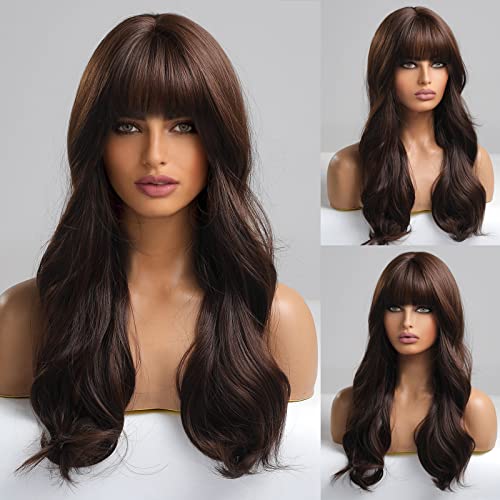 EMMOR Brown Wig with Bangs Long Body Wave Wig for Women Heat Resistant Synthetic Wigs Natural Looking - Image 3