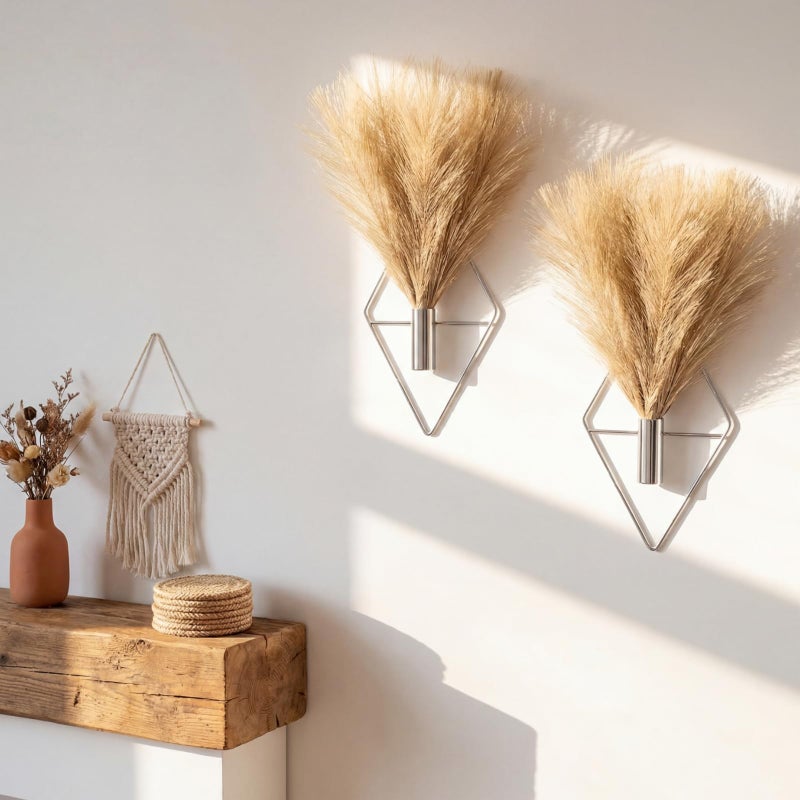 Canlierr 2 Pieces Boho Wall Decor Hanging Planters with Artificial Plants Metal Hanging Vase Indoor Plants Holder Modern Wall Art for Bathroom Bedroom Living Room Decor, Silver, Pampas Grass - Image 1