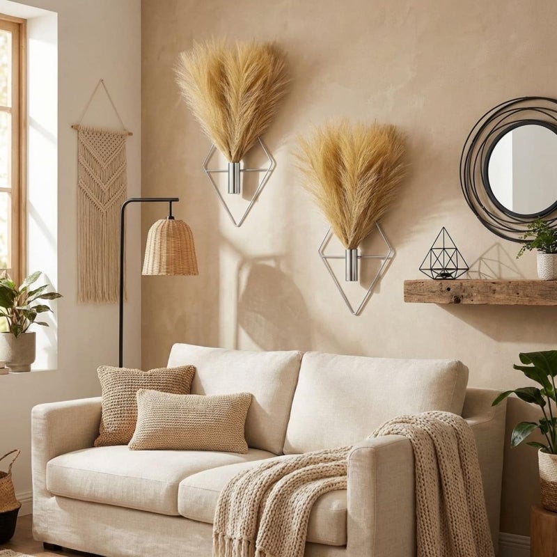 Canlierr 2 Pieces Boho Wall Decor Hanging Planters with Artificial Plants Metal Hanging Vase Indoor Plants Holder Modern Wall Art for Bathroom Bedroom Living Room Decor, Silver, Pampas Grass - Image 4