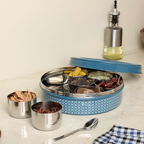 dudki 7 in 1 Stainless Steel Spice box for kitchen sturdy Masala dabba jar for Spices Seamless Design (Dusky Blue) - Image 2