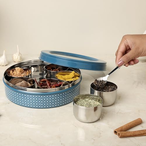 dudki 7 in 1 Stainless Steel Spice box for kitchen sturdy Masala dabba jar for Spices Seamless Design (Dusky Blue) - Image 4