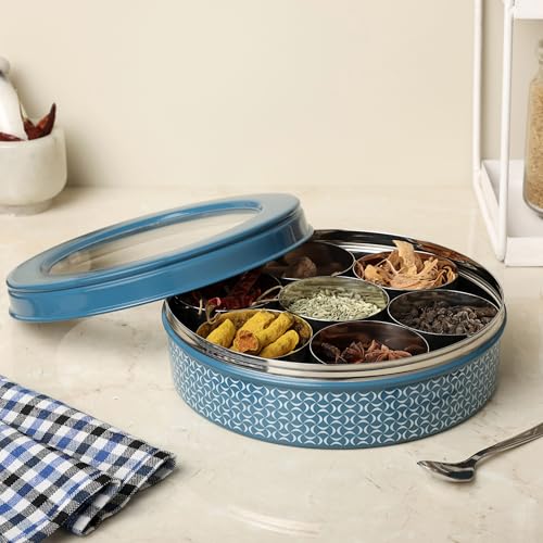 dudki 7 in 1 Stainless Steel Spice box for kitchen sturdy Masala dabba jar for Spices Seamless Design (Dusky Blue) - Image 3