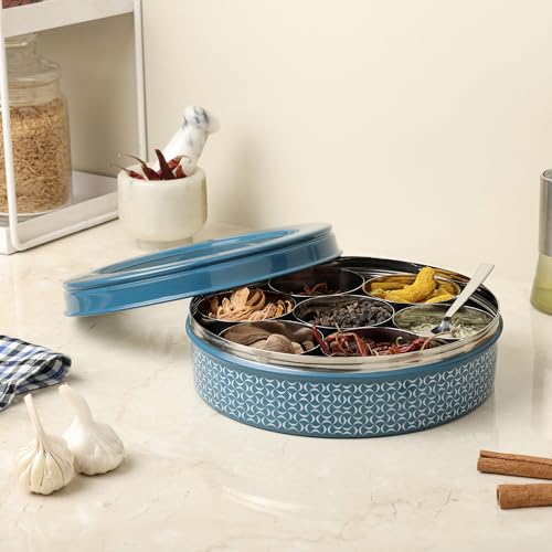 dudki 7 in 1 Stainless Steel Spice box for kitchen sturdy Masala dabba jar for Spices Seamless Design (Dusky Blue) - Image 5