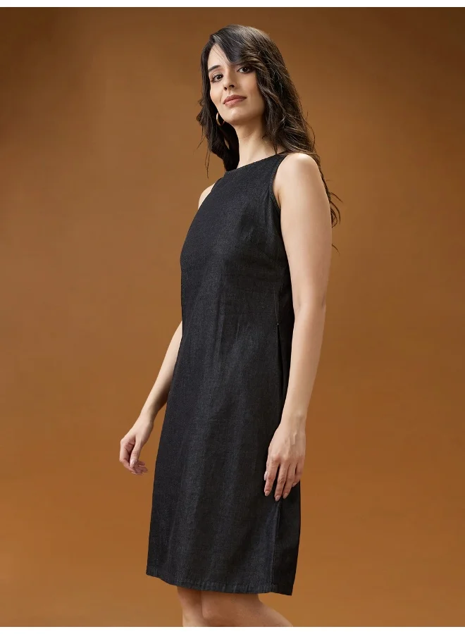 globus Women Black Round Neck Sleeveless Solid Knee Length A-Line Dress