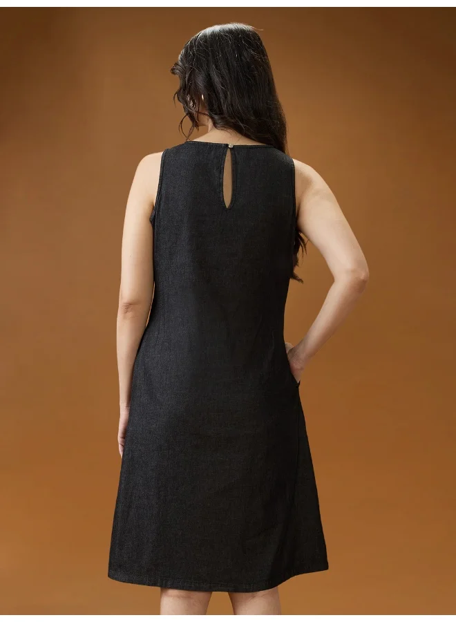 globus Globus Women Black Round Neck Sleeveless Solid Knee Length A-Line Dress