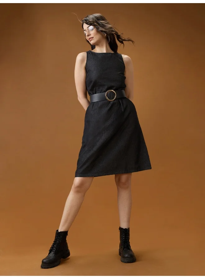 globus Globus Women Black Round Neck Sleeveless Solid Knee Length A-Line Dress
