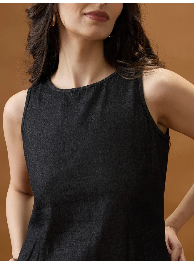 globus Globus Women Black Round Neck Sleeveless Solid Knee Length A-Line Dress
