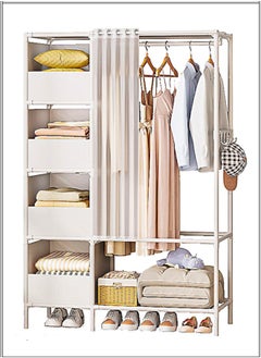 URINGO Freestanding Hanger Double Pole Multi-functional Wardrobe Bedroom Clothing Rack Clothes Closet Organizer and Holder Metal Stand with Hook and Door Curtain (White105x45x170cm）  - Image 1