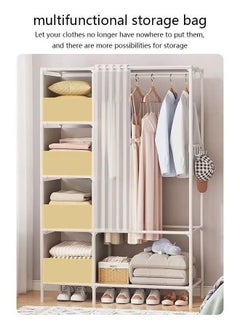URINGO Freestanding Hanger Double Pole Multi-functional Wardrobe Bedroom Clothing Rack Clothes Closet Organizer and Holder Metal Stand with Hook and Door Curtain (White105x45x170cm）  - Image 5