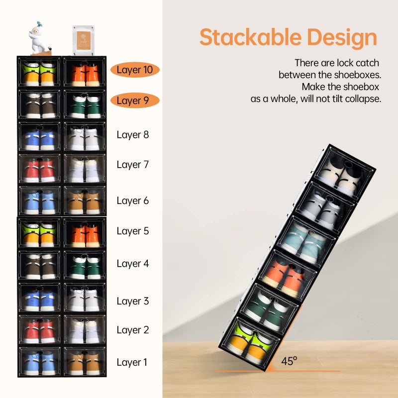 Amllas 12 Pack Shoe Boxes Stackable,Upgraded Sturdy Shoe Storage Boxes with Clear Magnetic Door,Multifunctional Sneaker Storage, Shoe Box Organizer Fit up to US Size 12 Gray(13.8â€x 9.84â€x 7.1â€) - Image 4