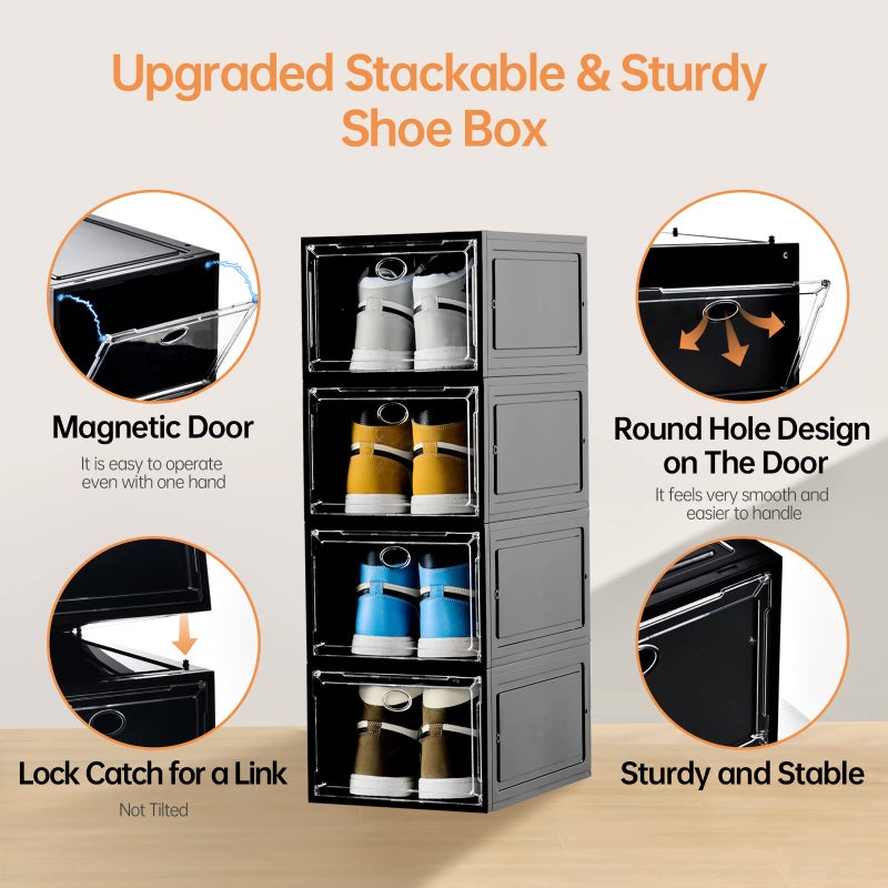 Amllas 12 Pack Shoe Boxes Stackable,Upgraded Sturdy Shoe Storage Boxes with Clear Magnetic Door,Multifunctional Sneaker Storage, Shoe Box Organizer Fit up to US Size 12 Gray(13.8â€x 9.84â€x 7.1â€) - Image 5