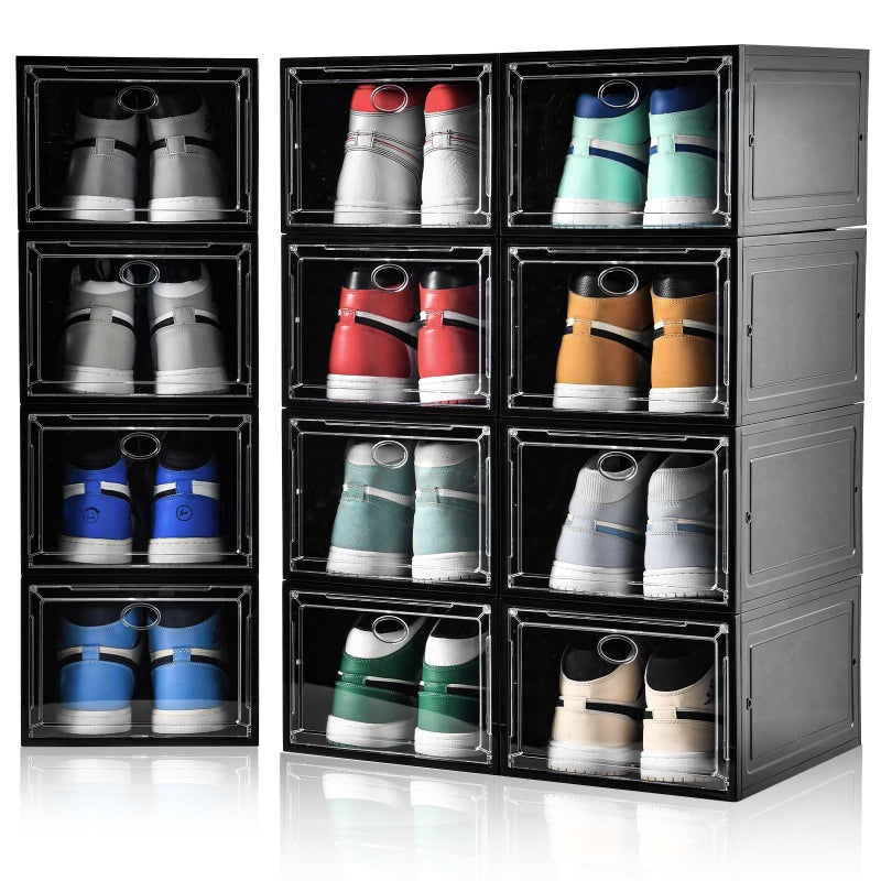 Amllas 12 Pack Shoe Boxes Stackable,Upgraded Sturdy Shoe Storage Boxes with Clear Magnetic Door,Multifunctional Sneaker Storage, Shoe Box Organizer Fit up to US Size 12 Gray(13.8â€x 9.84â€x 7.1â€) - Image 1
