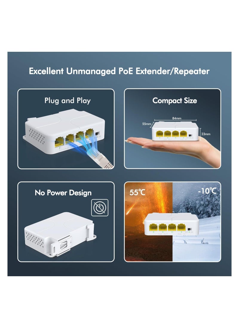 Generic - 4 Port PoE Extender Gigabit, PoE Passthrough Switch, 3 PoE Out, IEEE 802.3af/at Mini 4 Channel PoE Repeater 1000Mbps, VLAN, Wall and Din Rail Mount Passthrough POE Amplifier/Booster, Plug and Play - Image 1