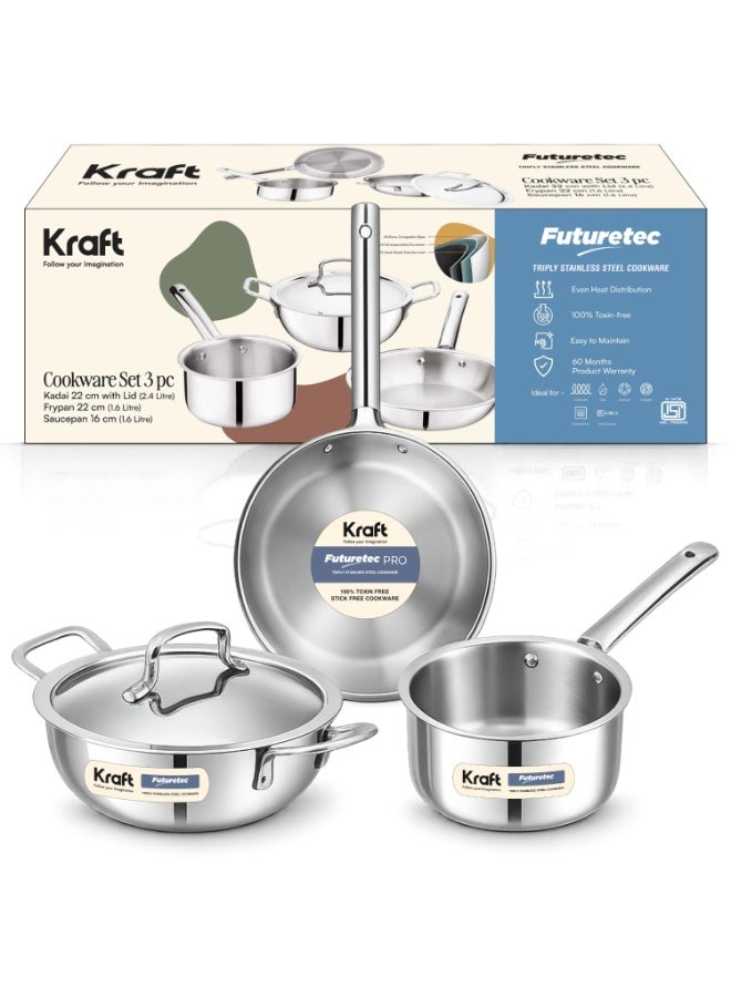 Kraft Futuretec Triply Stainless Steel Cookware Set | 3-Piece | 22cm (2.4 L) Kadai with Lid, 22cm (1.6 L) Frypan, 16cm (1.6 L) Saucepan | Induction Bottom - Image 1