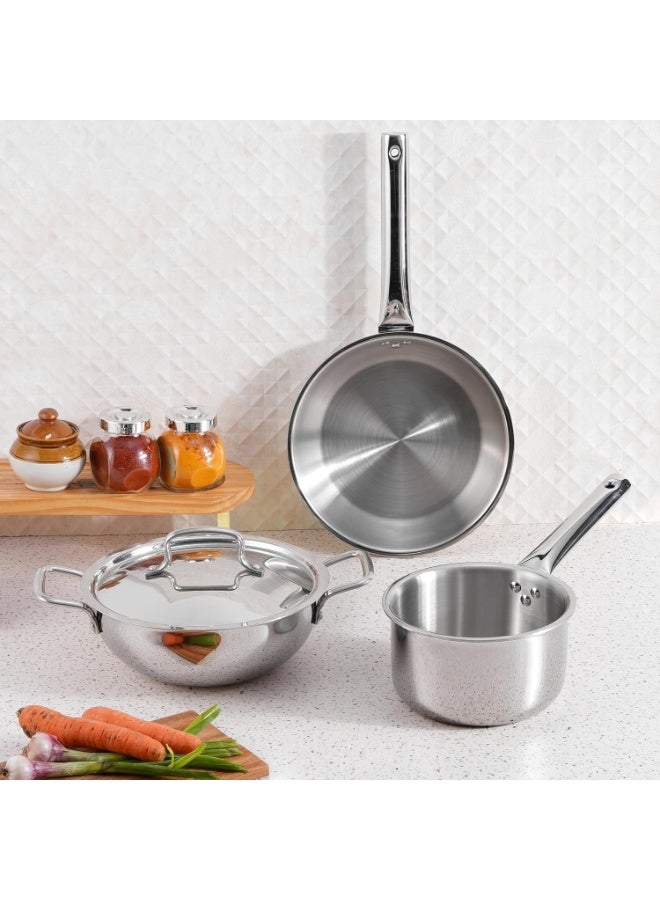 Kraft Futuretec Triply Stainless Steel Cookware Set | 3-Piece | 22cm (2.4 L) Kadai with Lid, 22cm (1.6 L) Frypan, 16cm (1.6 L) Saucepan | Induction Bottom - Image 4