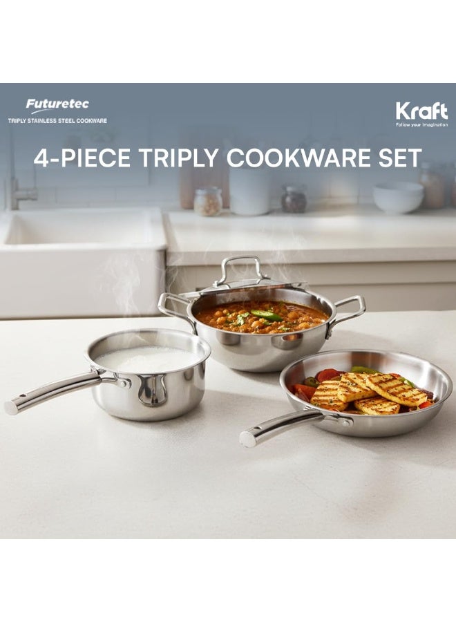 Kraft Futuretec Triply Stainless Steel Cookware Set | 3-Piece | 22cm (2.4 L) Kadai with Lid, 22cm (1.6 L) Frypan, 16cm (1.6 L) Saucepan | Induction Bottom - Image 3