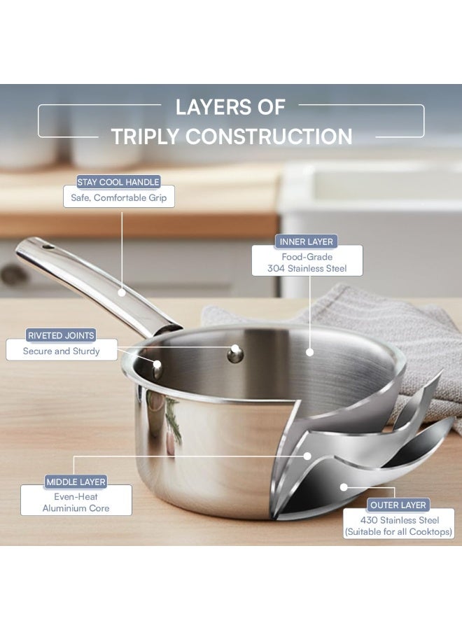 Kraft Futuretec Triply Stainless Steel Cookware Set | 3-Piece | 22cm (2.4 L) Kadai with Lid, 22cm (1.6 L) Frypan, 16cm (1.6 L) Saucepan | Induction Bottom - Image 2