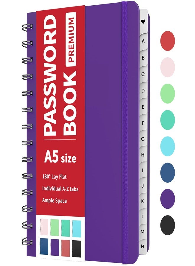 Forvencer Password Book with Individual Alphabetical Tabs, 5.3"x7.6" Medium Size Password Notebook, Spiral Password Keeper Book for Senior, Cute Password Organizer Logbook for Home Office, Purple - Image 1