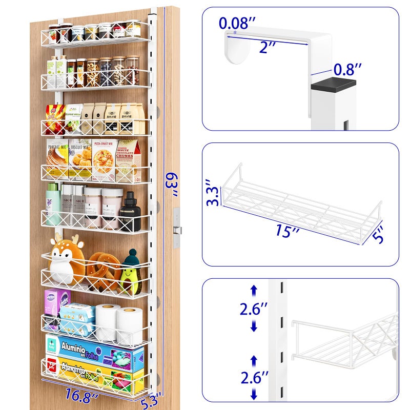 MIAOLI Over the Door Organizer, White 8-Tier Pantry Door Organizer with Adjustable Basket, Hanging Spice Rack Cabinet Door Shelves, Laundry Room Organization and Storage - Image 2