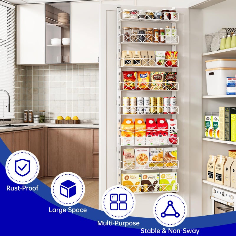 MIAOLI Over the Door Organizer, White 8-Tier Pantry Door Organizer with Adjustable Basket, Hanging Spice Rack Cabinet Door Shelves, Laundry Room Organization and Storage - Image 4