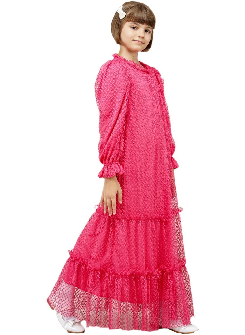 Lamora Young Girls Long two-layer mesh Layered Halter Pleated Long Sleeves Kids Dress Fuchsia - Image 1